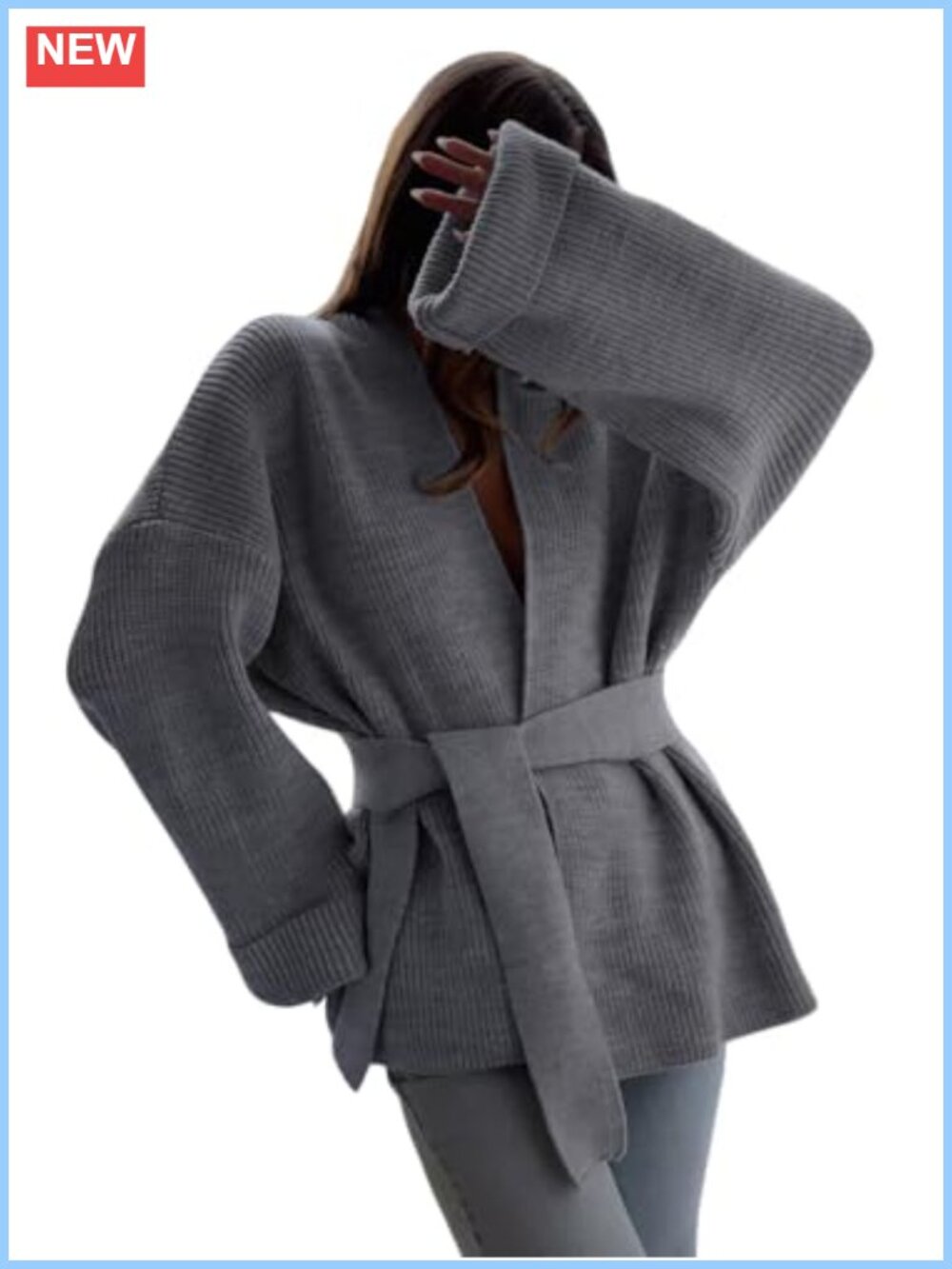 Ribbed Knit Wrap Cardigan Tie Waist Oversized Flare Sleeve Sweater